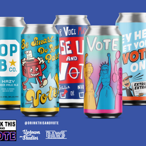 Digital rendering of drink this and vote Hazy IPA beer can. 5 cans featuring local art.