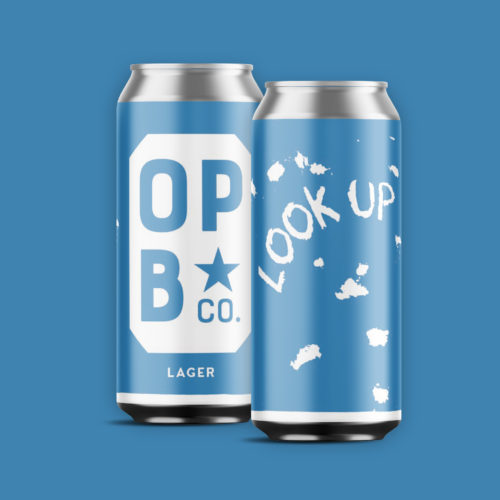 Digital rendering, of the look up lager. featuring local art, 2 cans