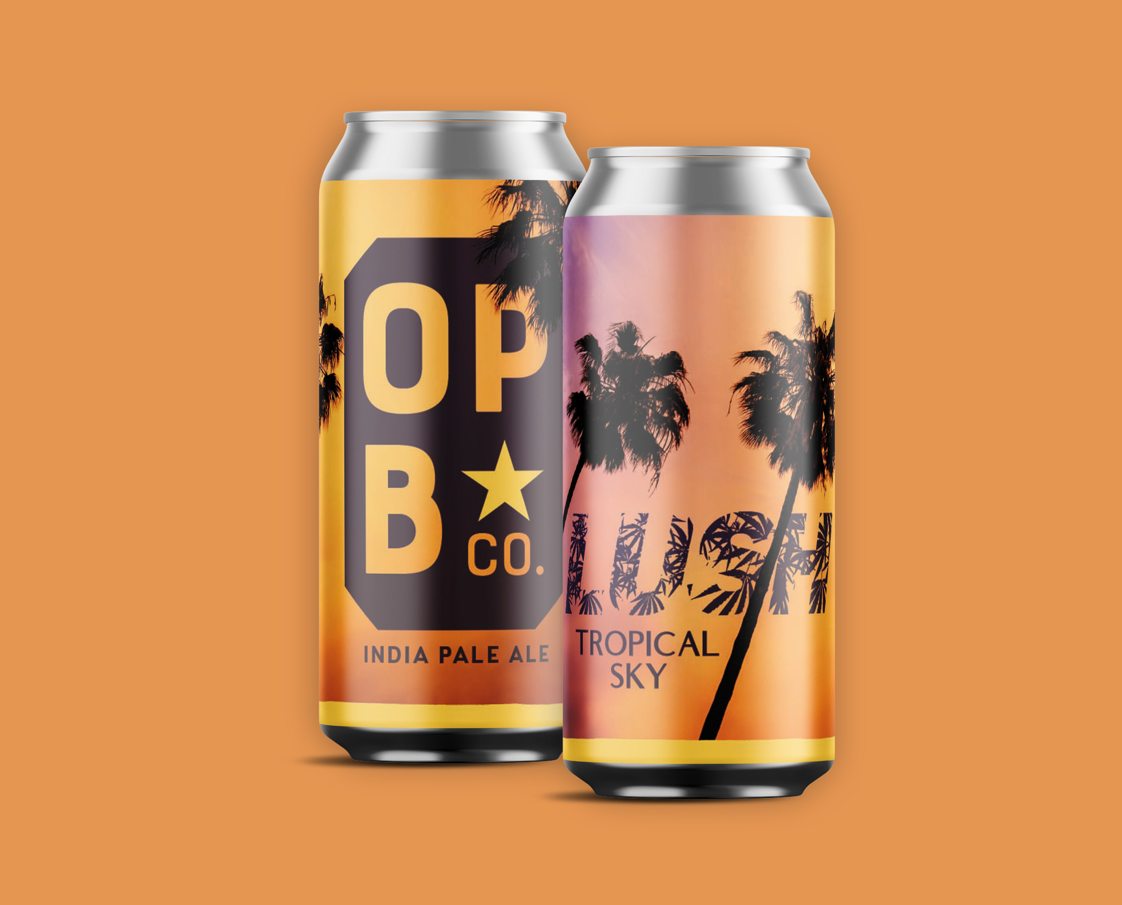 Digital rendering of, The Lush tropical sky IPA, Palm trees on 2 cans.