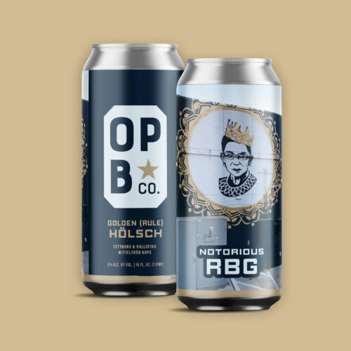 Digital rendering of Notorious RBG golden (rule) Kolsch beer. 2 cans