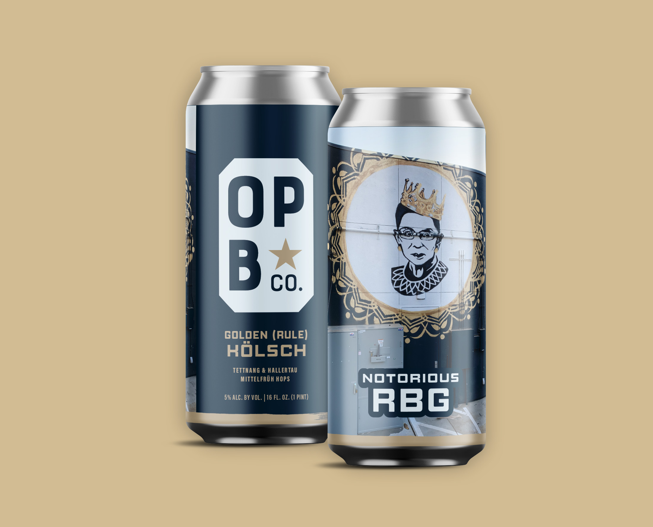 Digital rendering of Notorious RBG golden (rule) Kolsch beer. 2 cans
