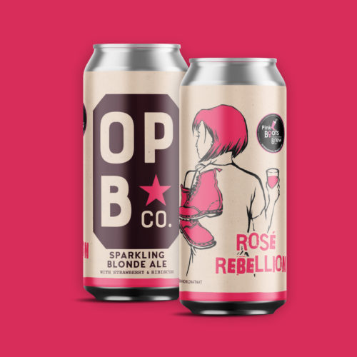 Digital rendering of Rose Rebellion, sparking blonde ale beer. 2 cans