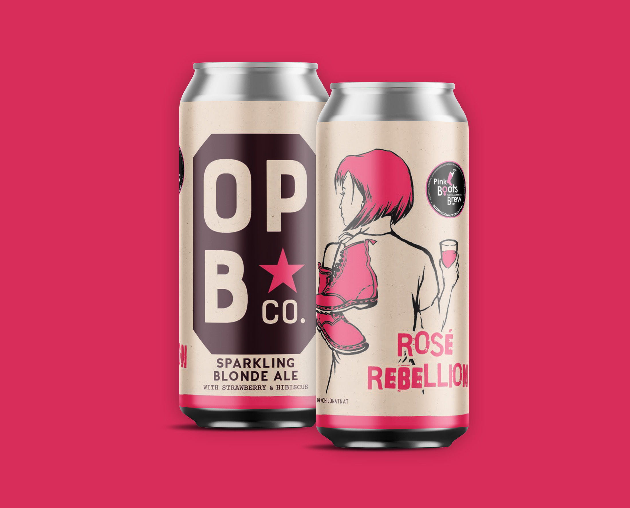 Digital rendering of Rose Rebellion, sparking blonde ale beer. 2 cans