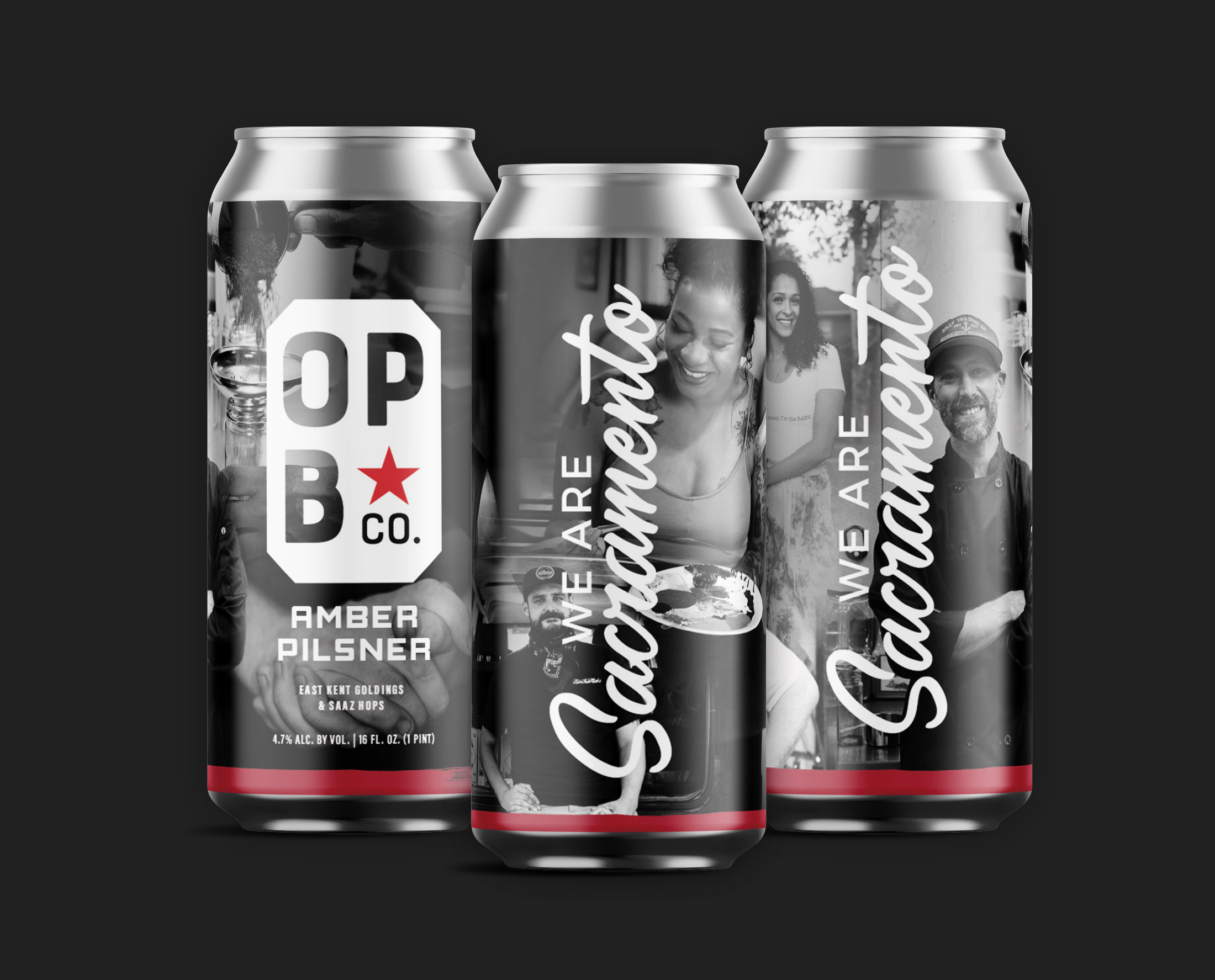 digital rendering of the We are Sacramento beer. 3 cans featuring portraits of locals and OPB logo