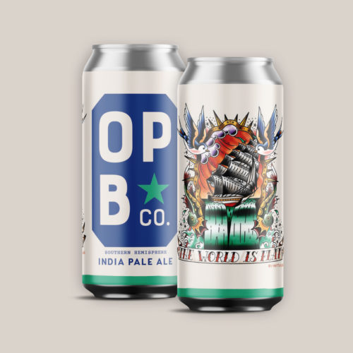 Digital rendering of the world is flat Southern Hemisphere IPA beer. 2 cans featuring local art.