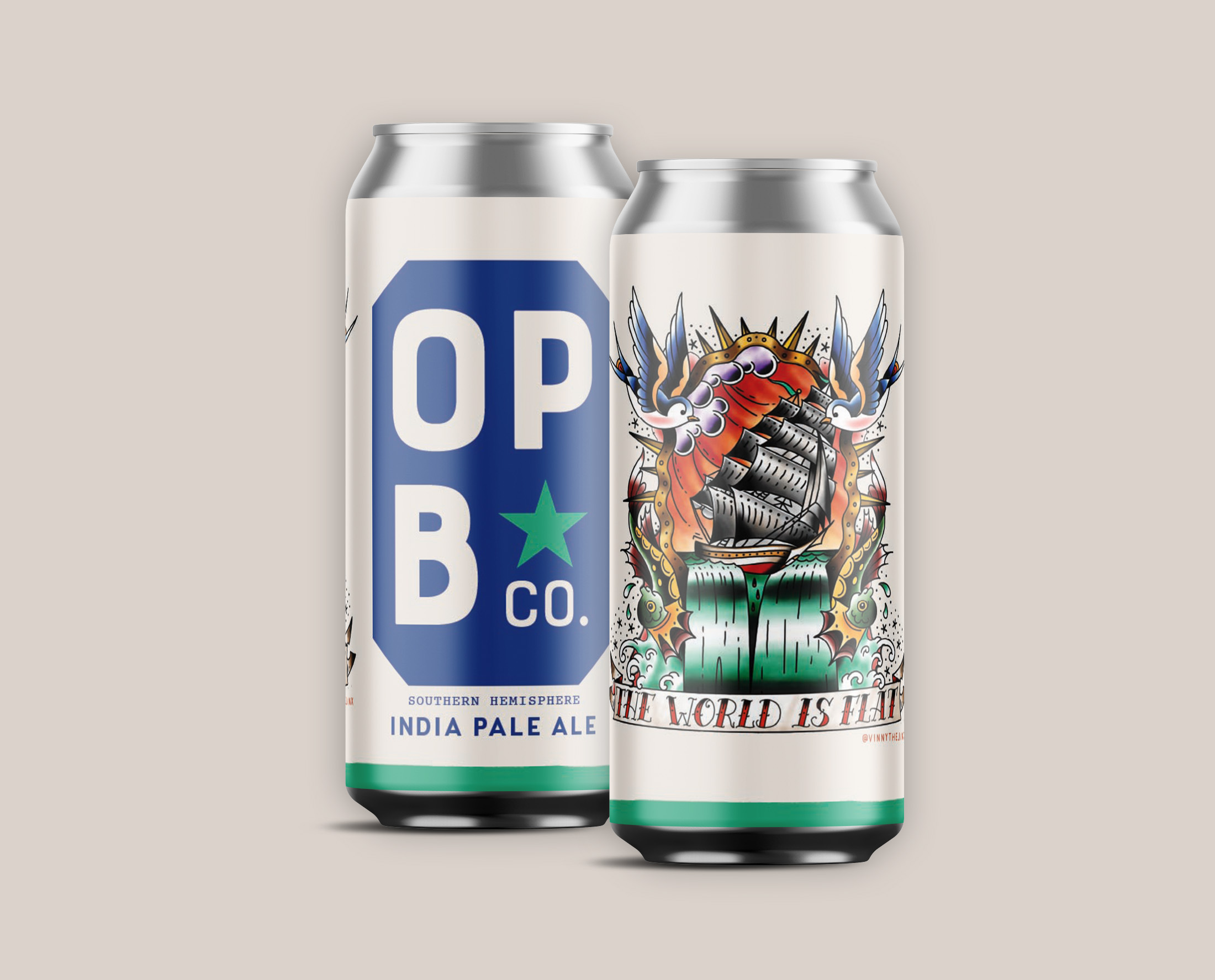 Digital rendering of the world is flat Southern Hemisphere IPA beer. 2 cans featuring local art.