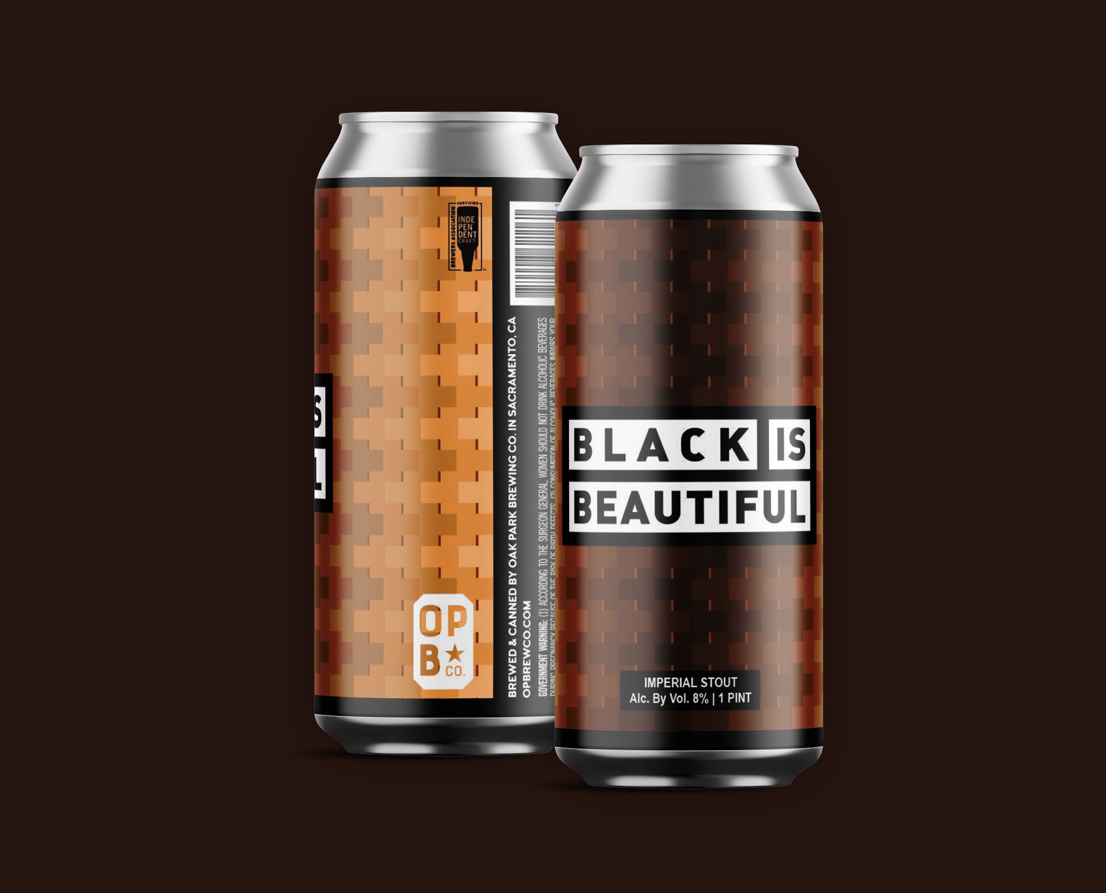 Digital rendering, of Black is Beautiful Imperial Stout beer can. Featuring 2 cans