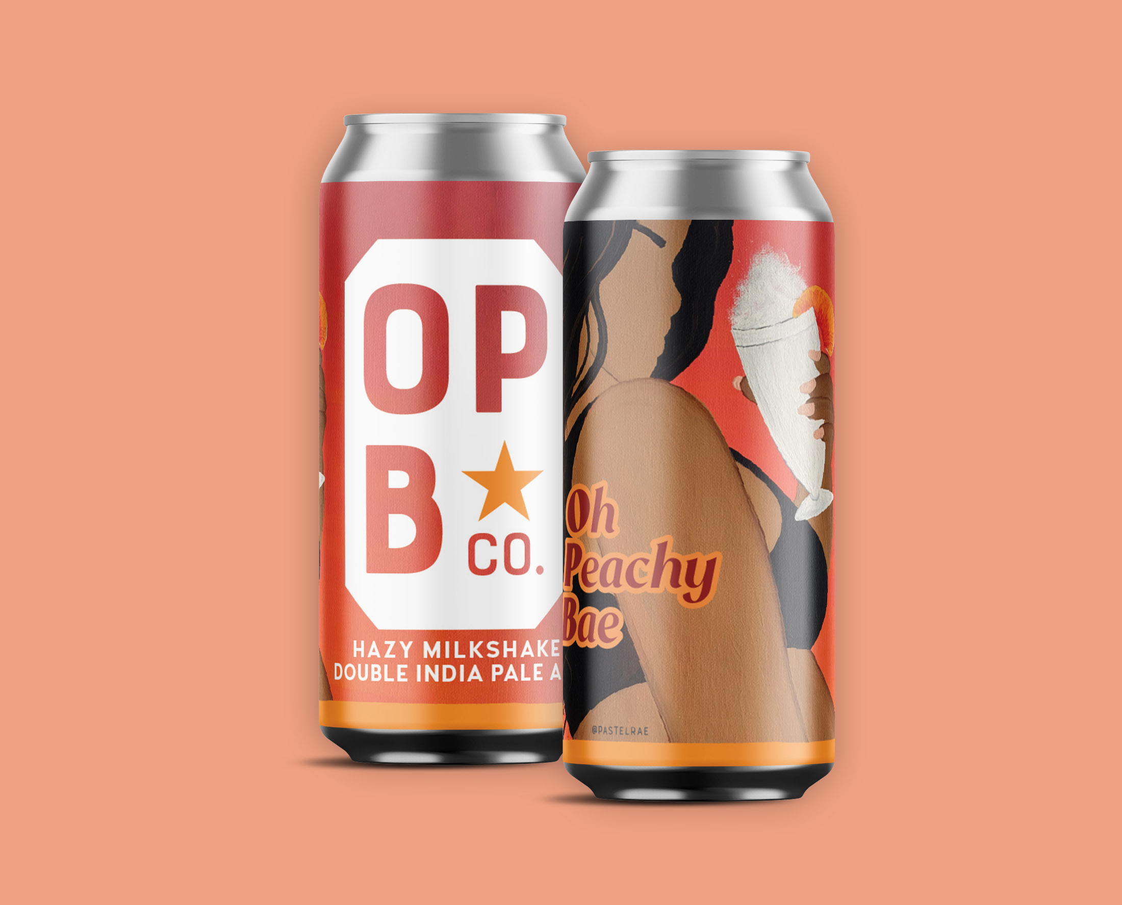 Digital rendering, of Oh Peachy Bae hazy milkshake double IPA beer. 2 cans featuring local art.