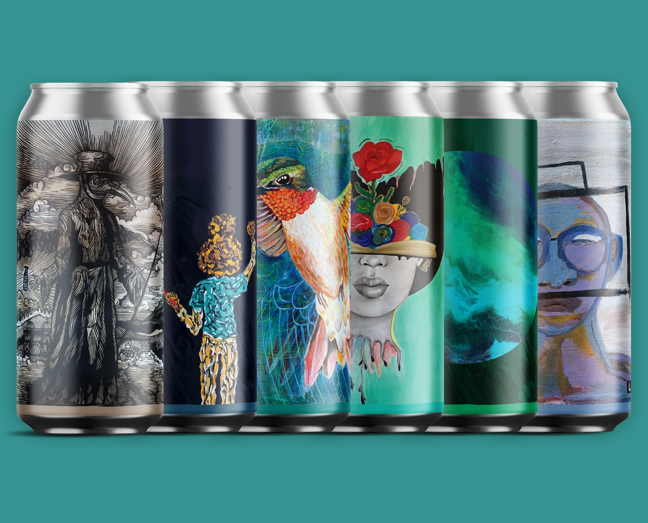 Digital rendering of paint the Globe Foundation beer can, 6 cans featuring art donated by local artist.