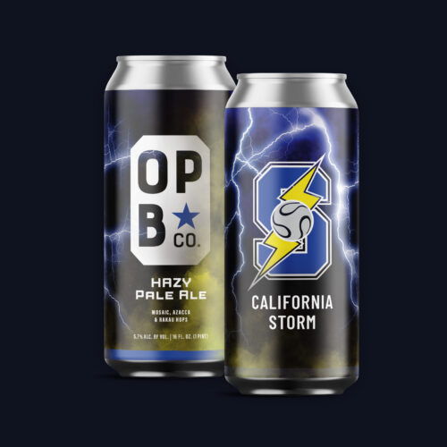 Digital rendering of California Storm Hazy pale ale beer can. 2 cans