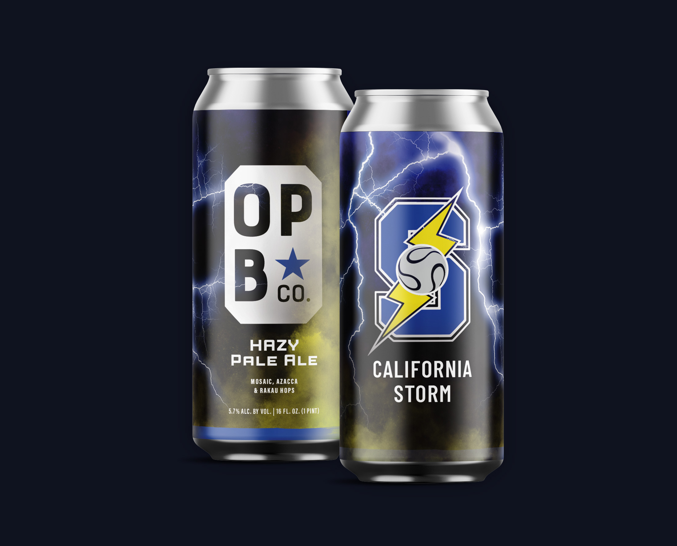 Digital rendering of California Storm Hazy pale ale beer can. 2 cans