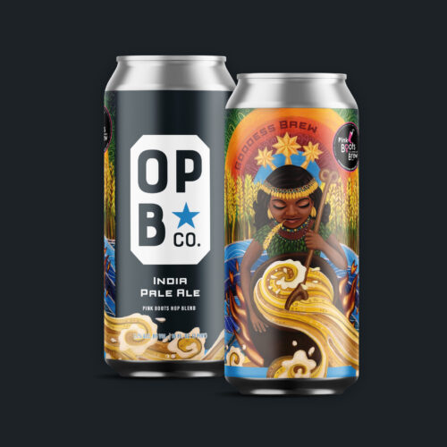 Digital rendering, of Goddess Brew beer. 2 cans featuring local art.