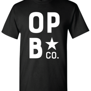 Black OPB T-shirt, Large size logo. Front side.