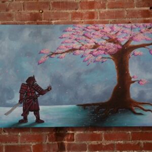 Samurai next to cherry blossom tree
